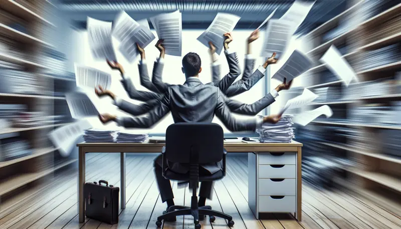 A frantic programmer sitting down by a desk, facing away from the camera, juggling many documents in the air. It appears as if he had many hands, all moving quickly in  blurry fashion. 