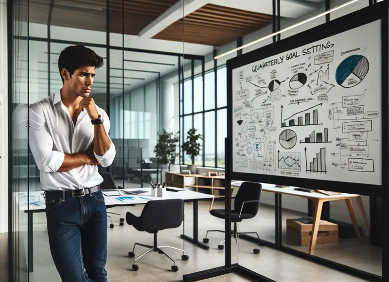 A man frustrated by his OKRs, standing by a whiteboard